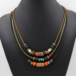 Bohemian Multilayer Necklace Wax Rope Alloy Wood Beaded Sweater Necklace Ethnic Jewelry for Women