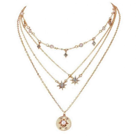 Bohemian Multilayer Necklaces Round Slice Beads Stars Chain Crescent Pendant Necklace For Women