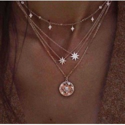 Bohemian Multilayer Necklaces Round Slice Beads Stars Chain Crescent Pendant Necklace For Women