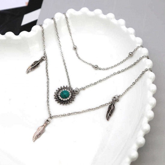 Bohemian Multilayer Silver Necklace laeave Turquoise Chain Pendant Necklace for Women