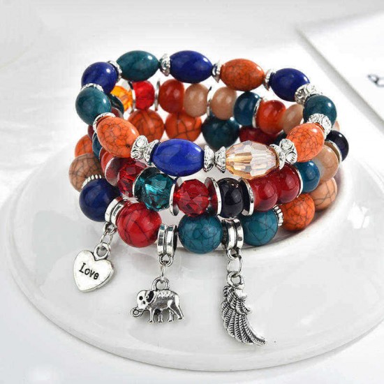 Bohemian Multilayer Tassel Beaded Bracelet Ethnic Wings Elephant Heart Colorful Pendant Bracelet