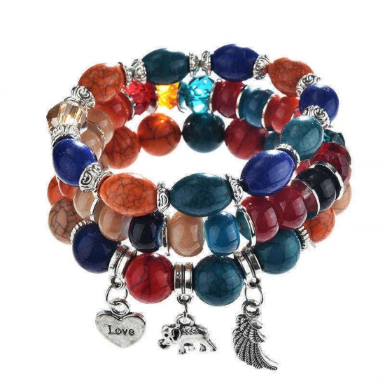 Bohemian Multilayer Tassel Beaded Bracelet Ethnic Wings Elephant Heart Colorful Pendant Bracelet