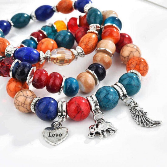 Bohemian Multilayer Tassel Beaded Bracelet Ethnic Wings Elephant Heart Colorful Pendant Bracelet