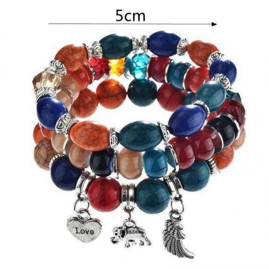 Bohemian Multilayer Tassel Beaded Bracelet Ethnic Wings Elephant Heart Colorful Pendant Bracelet