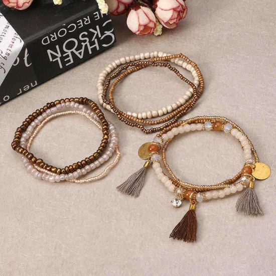 Bohemian Multilayer Tassel Charm Gold Color Coin Pendant Beads Bracelet for Women