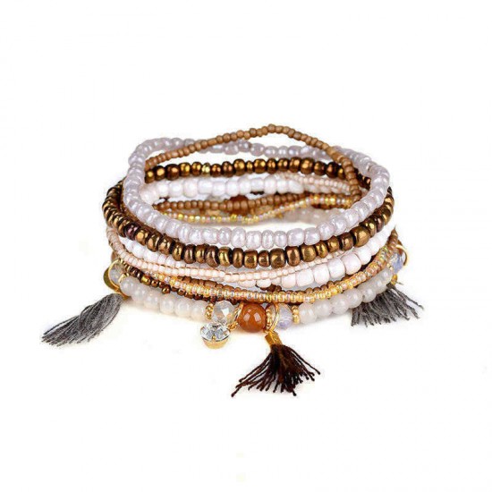 Bohemian Multilayer Tassel Charm Gold Color Coin Pendant Beads Bracelet for Women