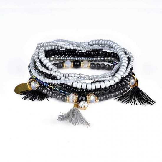 Bohemian Multilayer Tassel Charm Gold Color Coin Pendant Beads Bracelet for Women