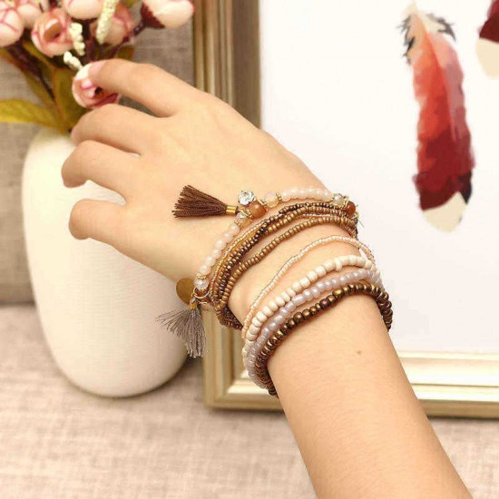 Bohemian Multilayer Tassel Charm Gold Color Coin Pendant Beads Bracelet for Women