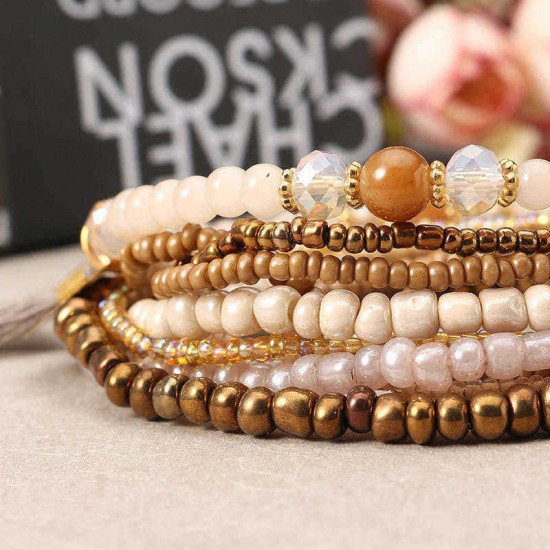 Bohemian Multilayer Tassel Charm Gold Color Coin Pendant Beads Bracelet for Women