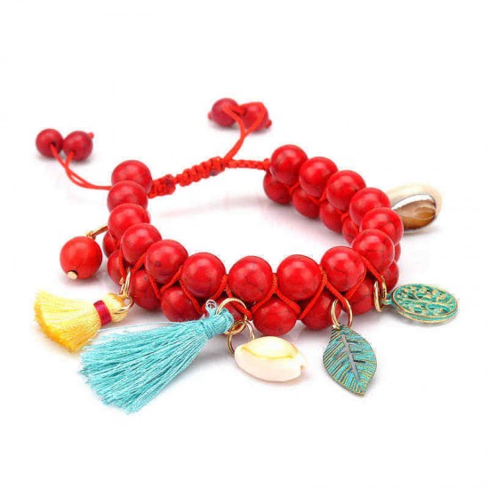 Bohemian Natural Turquoise Beads Bracelet Shell Leaf Tree of Life Charms Beaded Tassel Bracelets