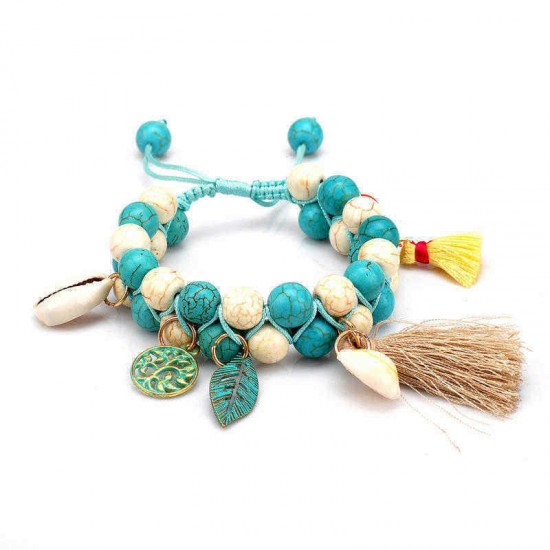 Bohemian Natural Turquoise Beads Bracelet Shell Leaf Tree of Life Charms Beaded Tassel Bracelets