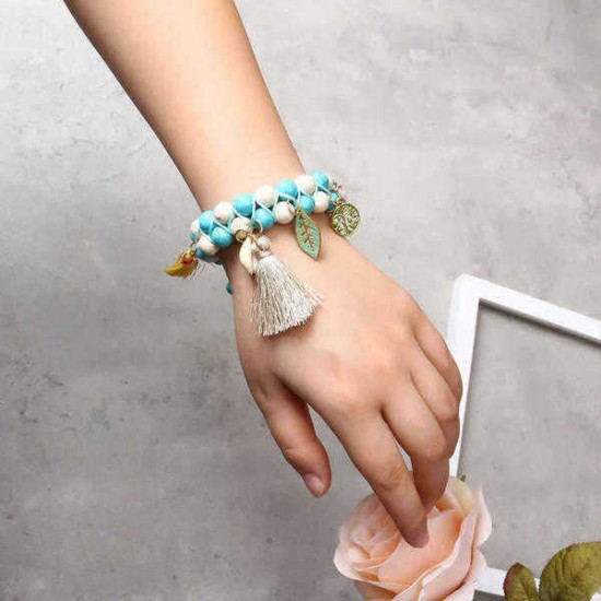 Bohemian Natural Turquoise Beads Bracelet Shell Leaf Tree of Life Charms Beaded Tassel Bracelets