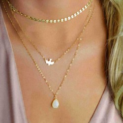 Bohemian Peace Pigeon Multi-layer Necklace Water Drop Pendant Alloy Chain Charm Necklace