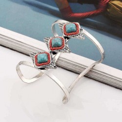 Bohemian Rhombus Adjustable Bracelet Vintage Turquoise Rhinestone Wide Bangle Bracelets for Women