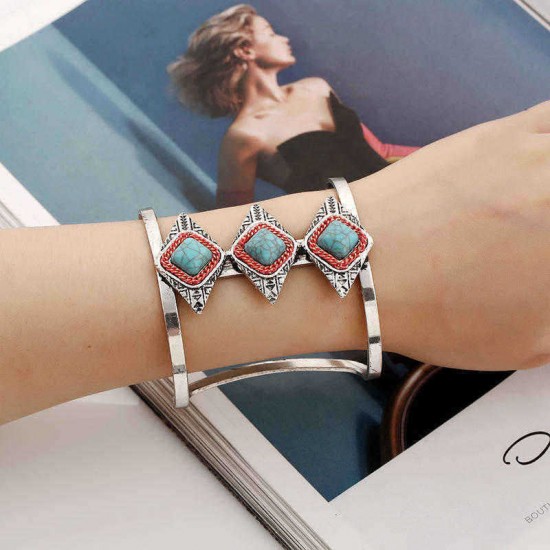 Bohemian Rhombus Adjustable Bracelet Vintage Turquoise Rhinestone Wide Bangle Bracelets for Women