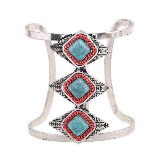 Bohemian Rhombus Adjustable Bracelet Vintage Turquoise Rhinestone Wide Bangle Bracelets for Women