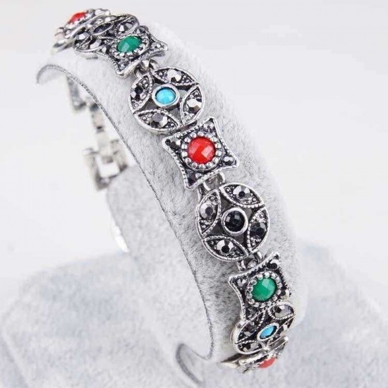 Bohemian Silver Ruby Bracelet Ancient Coin Shape Multicolor Gemstone Diamond Bracelets for Women