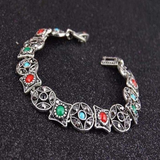 Bohemian Silver Ruby Bracelet Ancient Coin Shape Multicolor Gemstone Diamond Bracelets for Women