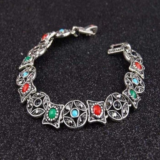 Bohemian Silver Ruby Bracelet Ancient Coin Shape Multicolor Gemstone Diamond Bracelets for Women