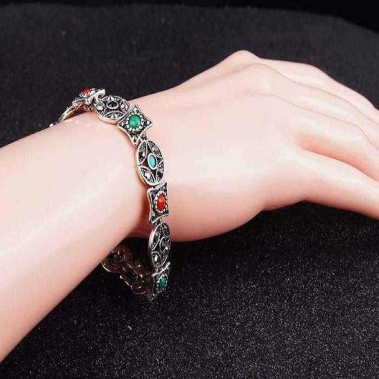 Bohemian Silver Ruby Bracelet Ancient Coin Shape Multicolor Gemstone Diamond Bracelets for Women