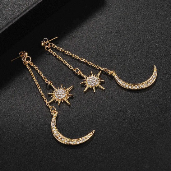 Bohemian Style Full Rhinestone Earrings Shiny Moon Star Long Ear Drop Earring For Women