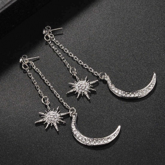 Bohemian Style Full Rhinestone Earrings Shiny Moon Star Long Ear Drop Earring For Women