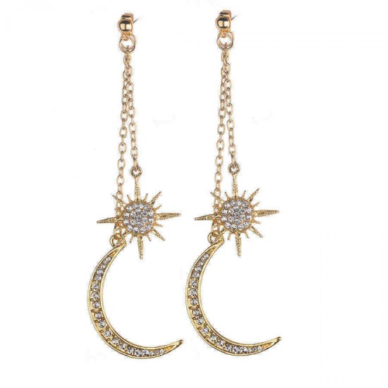 Bohemian Style Full Rhinestone Earrings Shiny Moon Star Long Ear Drop Earring For Women