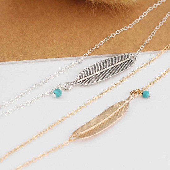 Bohemian Summer Beach Womens Anklet Bracelet Feather Turquoise Charm Multilayer Anklets Foot Chain