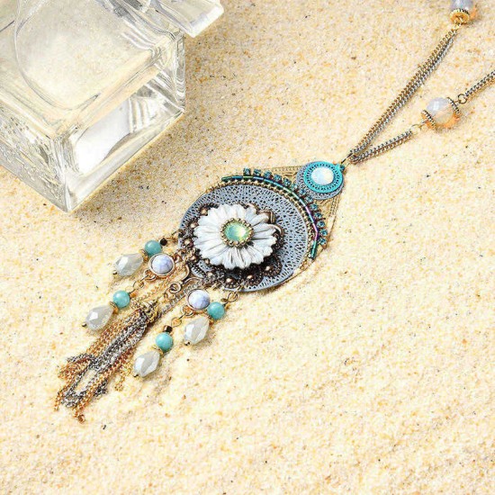 Bohemian Tassel Beaded Long Necklace Crystal Flower Pendant Women's Jewelry