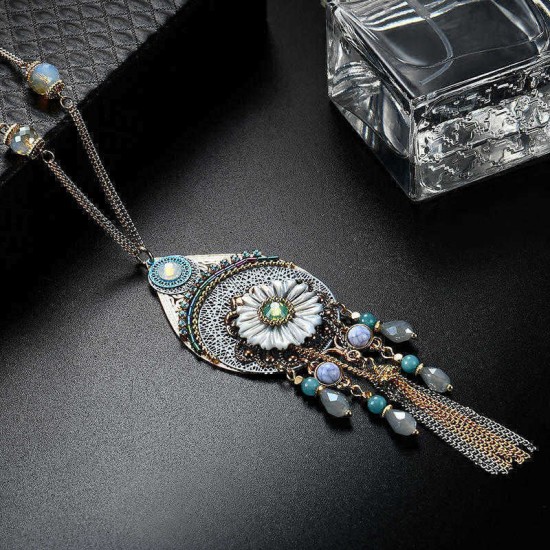 Bohemian Tassel Beaded Long Necklace Crystal Flower Pendant Women's Jewelry