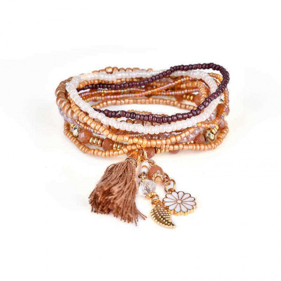 Bohemian Tassel Flower Leaf Pendant Multilayer Beads Bracelets for Women