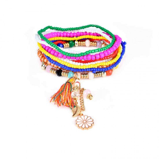 Bohemian Tassel Flower Leaf Pendant Multilayer Beads Bracelets for Women