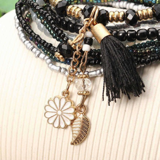 Bohemian Tassel Flower Leaf Pendant Multilayer Beads Bracelets for Women