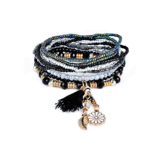 Bohemian Tassel Flower Leaf Pendant Multilayer Beads Bracelets for Women