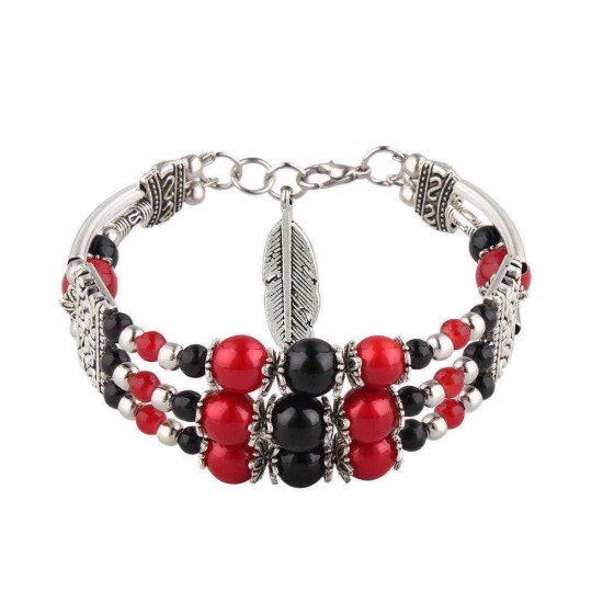 Bohemian Tibetan Silver Leaf Pendant Ethnic Multicolor Beads Women Bracelet Bangle