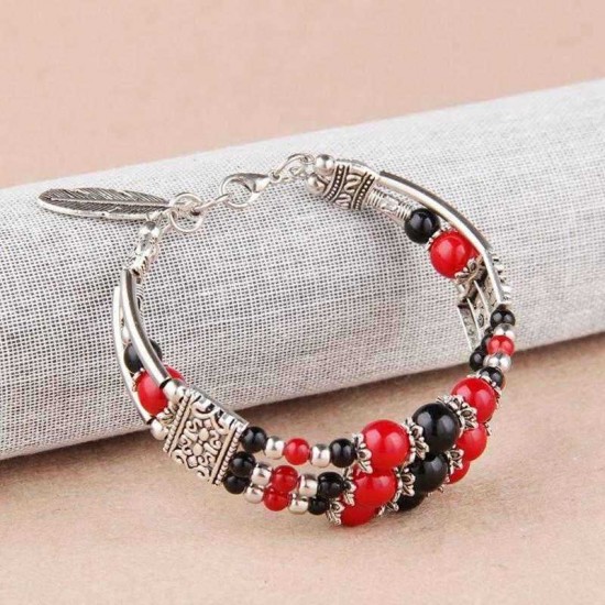 Bohemian Tibetan Silver Leaf Pendant Ethnic Multicolor Beads Women Bracelet Bangle