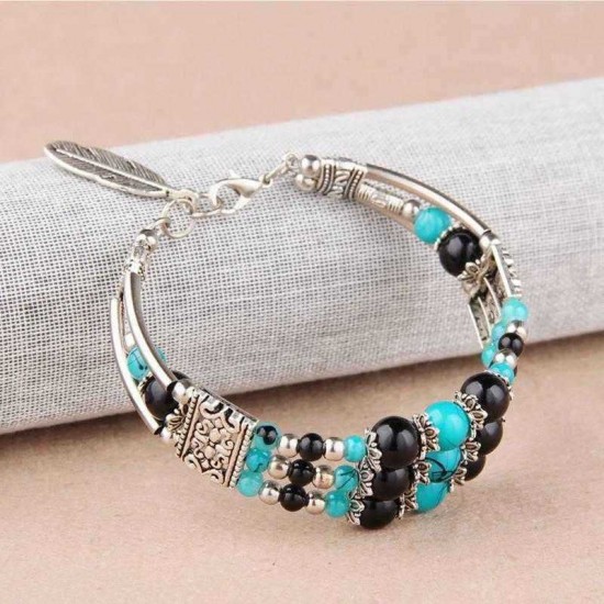 Bohemian Tibetan Silver Leaf Pendant Ethnic Multicolor Beads Women Bracelet Bangle