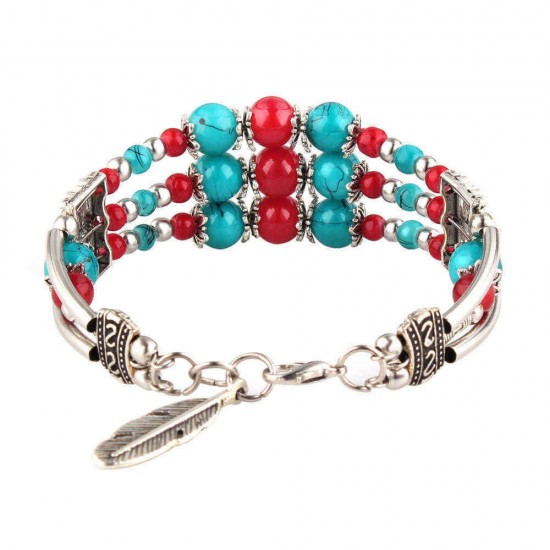 Bohemian Tibetan Silver Leaf Pendant Ethnic Multicolor Beads Women Bracelet Bangle