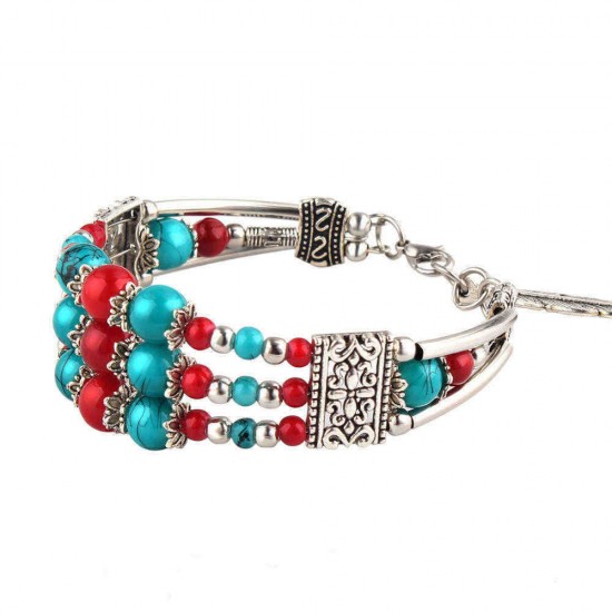 Bohemian Tibetan Silver Leaf Pendant Ethnic Multicolor Beads Women Bracelet Bangle