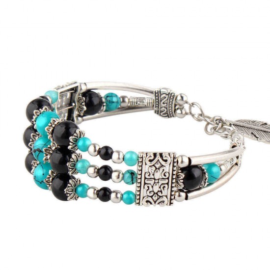 Bohemian Tibetan Silver Leaf Pendant Ethnic Multicolor Beads Women Bracelet Bangle