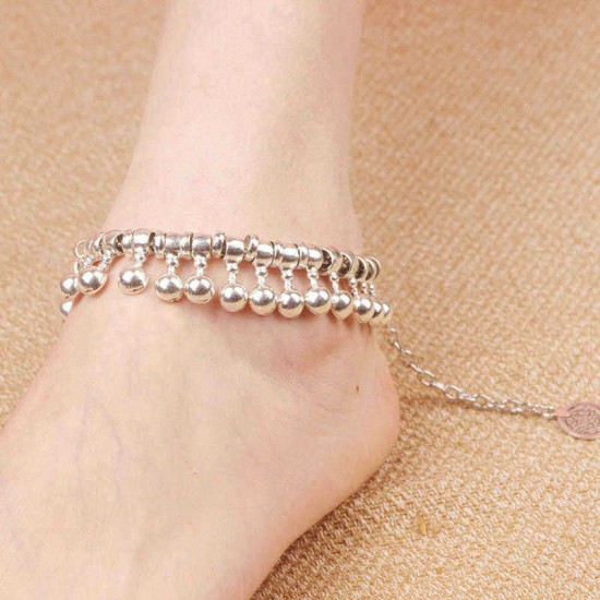 Bohemian Water Drop Tassels Silver Anklets Vintage Coin Charm Pendant Beaded Bracelet Anklet