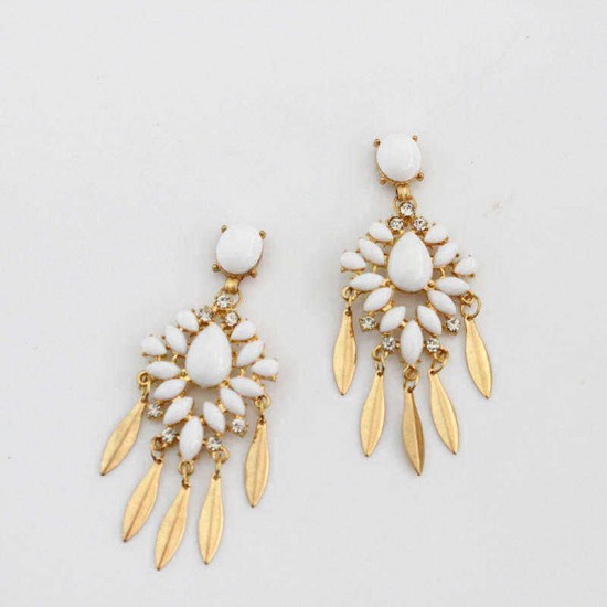 Bohemian White Gem Drop Earrings Snow Flower Tassels Earring For Women