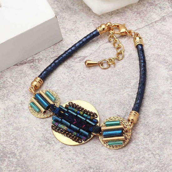 Bohemian Women Bracelet Gold Plated Coin Charm with Colorful Glass Bead Leather Bangle Chain