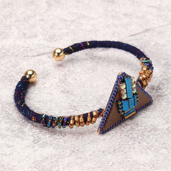 Bohemian Women Bracelet Punk Blue Bead Inlay Leather Triangle Charm Gold Plated Woven Boho Bangle