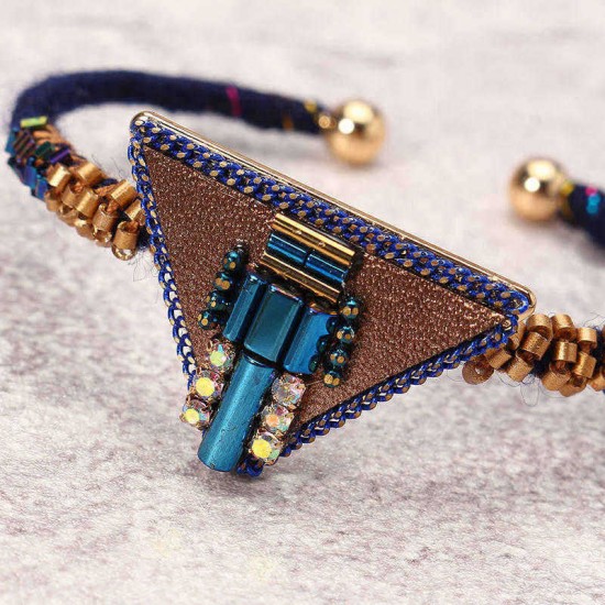 Bohemian Women Bracelet Punk Blue Bead Inlay Leather Triangle Charm Gold Plated Woven Boho Bangle