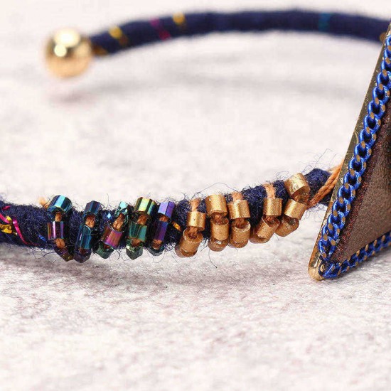 Bohemian Women Bracelet Punk Blue Bead Inlay Leather Triangle Charm Gold Plated Woven Boho Bangle