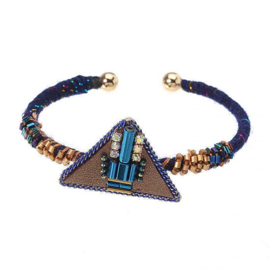 Bohemian Women Bracelet Punk Blue Bead Inlay Leather Triangle Charm Gold Plated Woven Boho Bangle