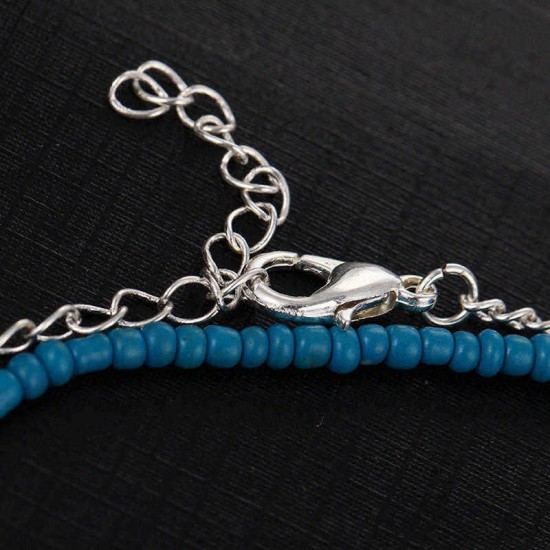 Bohemian Women's Anklet Summer Beach Multilayer Blue Bead Coin Pendant Ankle Bracelets Ring