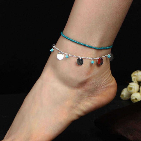 Bohemian Women's Anklet Summer Beach Multilayer Blue Bead Coin Pendant Ankle Bracelets Ring