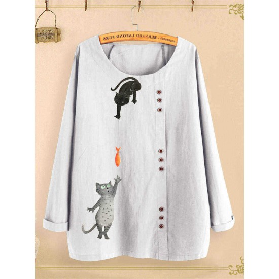 Button Cartoon Cat Print O-neck Casual Blouse Shirts